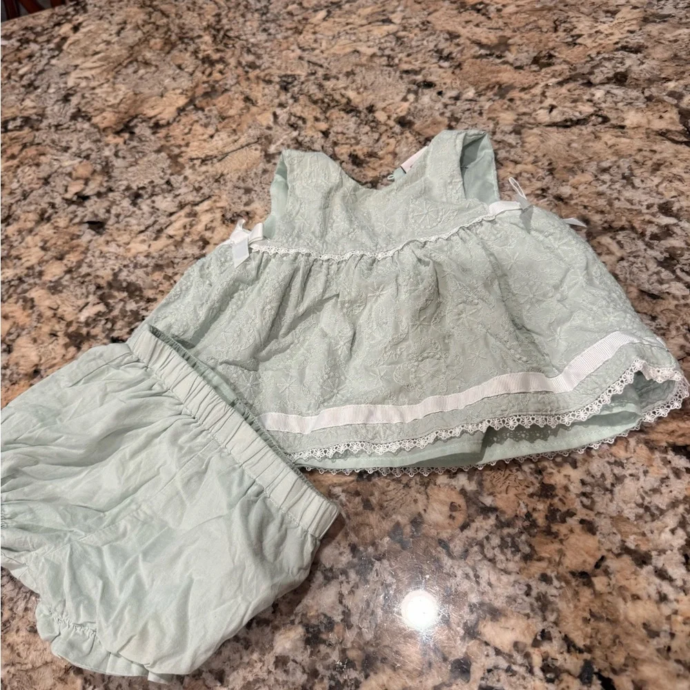 cupcakes & cashmere Mint Green Lace Trim Dress with Matching Bloomers and hat